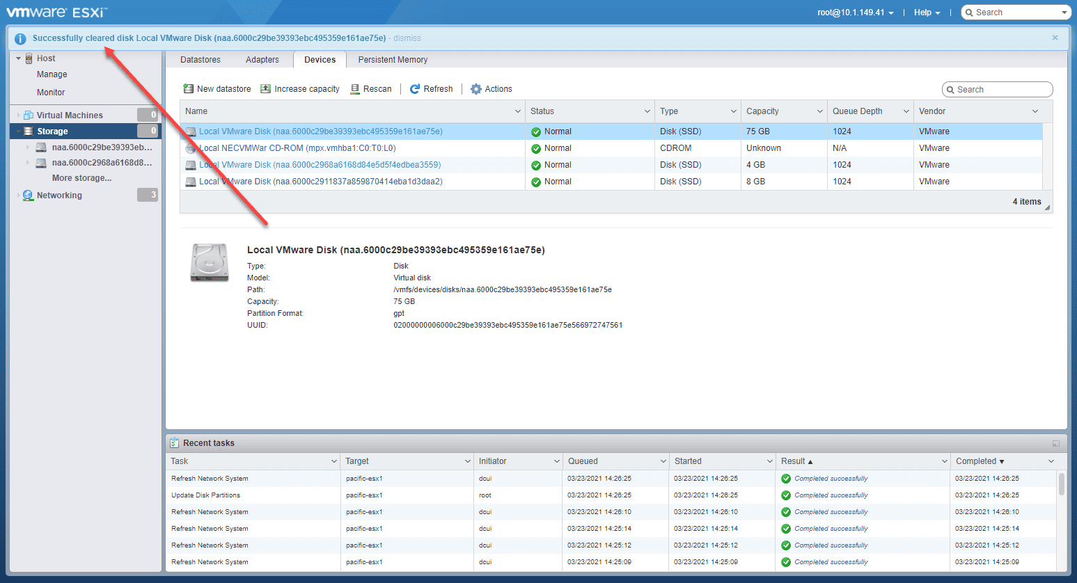 Clearing the partitions on the esxi host is now successful