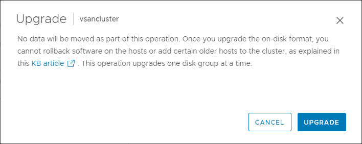 Click upgrade to begin the upgrade of the on disk format version to vsan 7.0 update 2 version 14