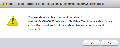 Confirm deleting the vsan partitions from the host ui