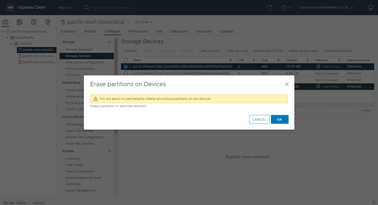 Confirming to erase vsan partitions