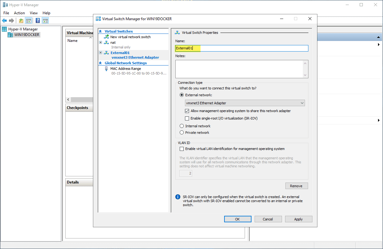 Creating a new external virtual switch in hyper v