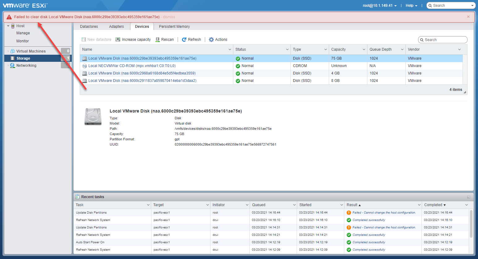Failed to delete the partitions from the host ui
