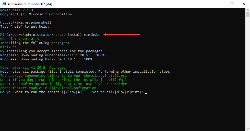 Kicking off the choco install minikube command