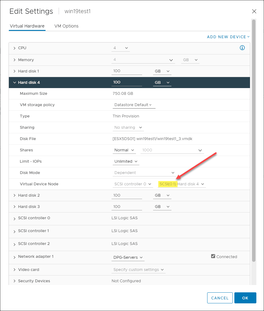 Looking at the scsi address for the vmdk hard disk