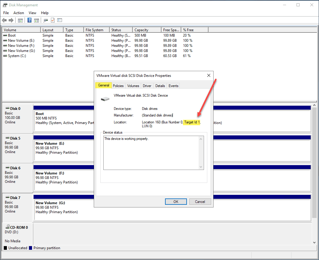 Looking at the target id for the vmware virtual disk scsi disk device properties