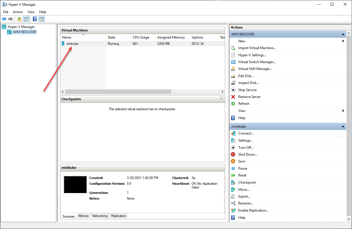 Minikube vm provisioned in windows server 2019 hyper v