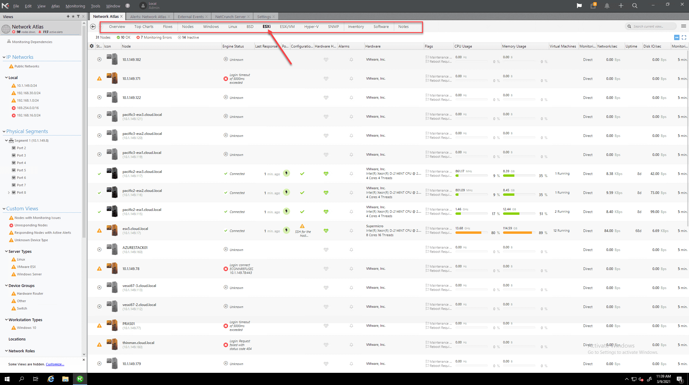 Network atlas in netcrunch categorized by system types