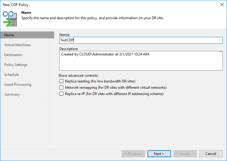 Starting the configuration of the new cdp policy in veeam v11