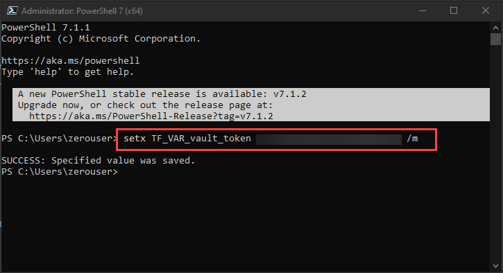 Using setx to set the tf var vault token variable