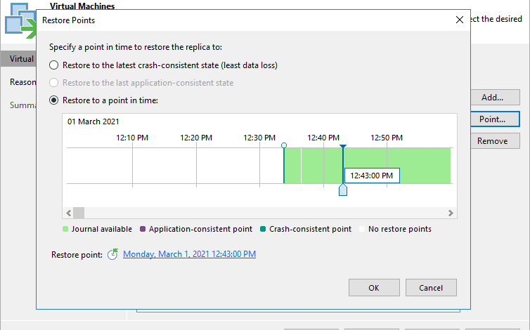 Very granular restore to replica points in time