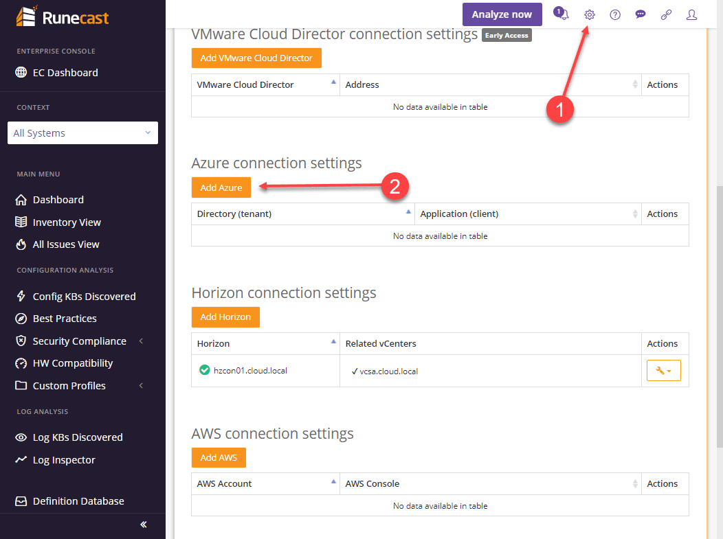 Adding a microsoft azure environment to runecast analyzer 5.0