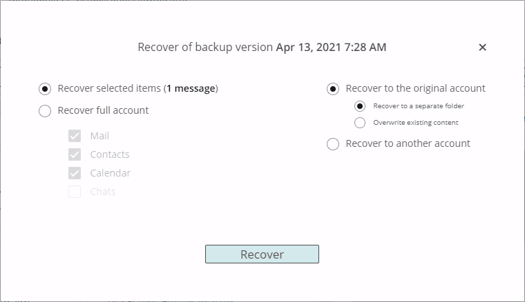 Afi backup data recovery details screen
