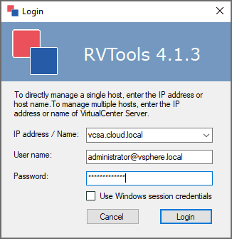 Connecting rvtools to vcenter server