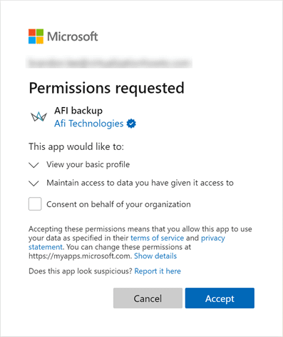 Granting permissions required for afi backup in microsoft office 365