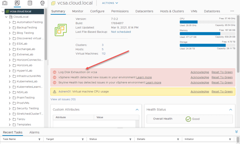 Log disk exhaustion on vcsa error message