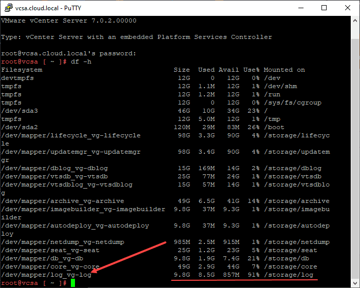 Looking at storage space used on the vcsa appliance