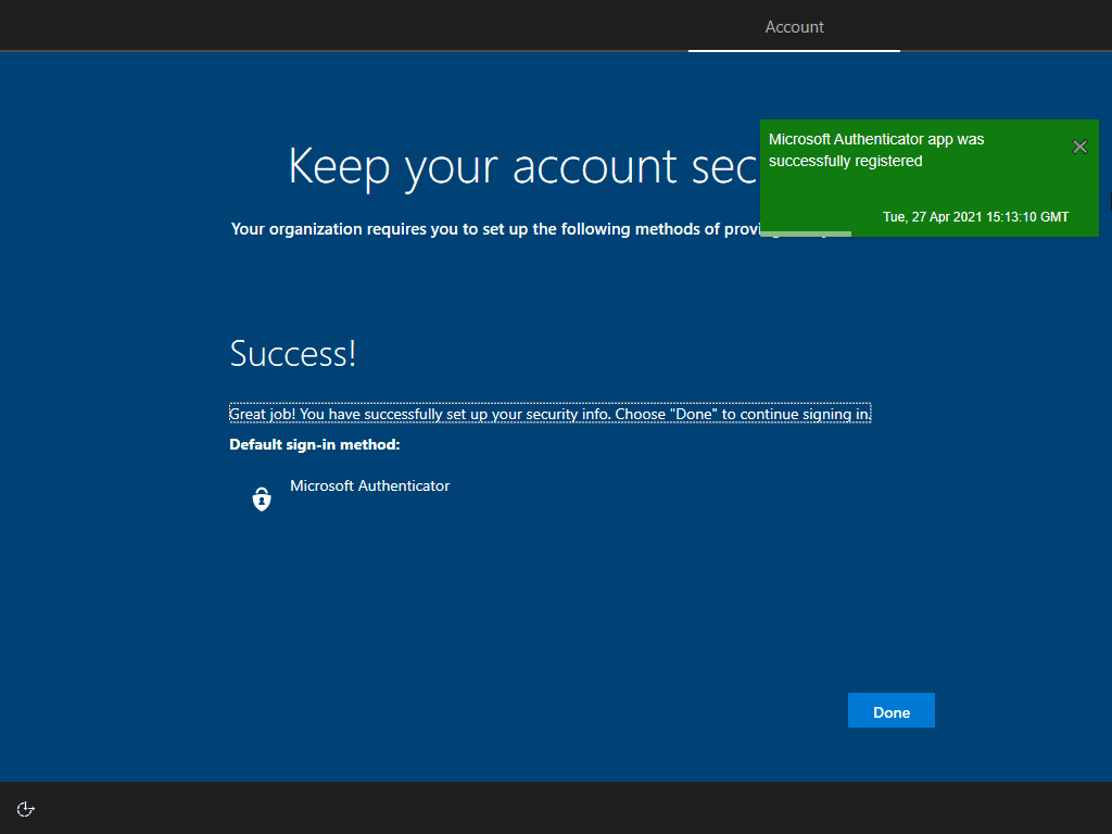 Microsoft authenticator is successfully configured