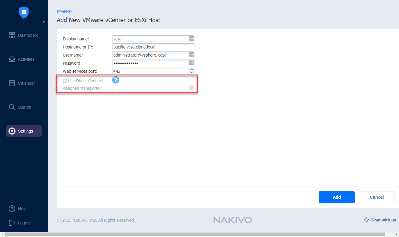 Nakivo backup and replication v10.3 beta direct connect option