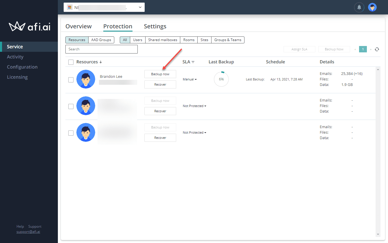 Running an ad hoc backup for a user with afi