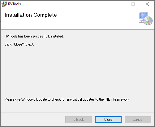 Rvtools 4.1.3 installation completes successfully