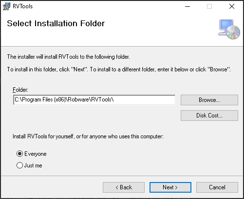 Select installation folder for rvtools