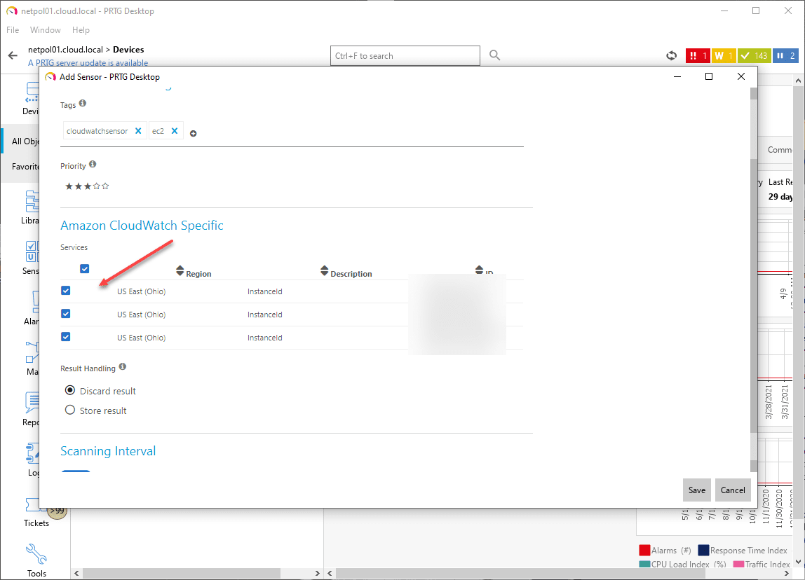 Selecting the specific instance ids for the ec2 instances in cloudwatch for the prtg sensor