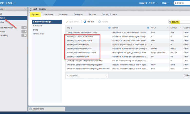 Vmware host client password security settings