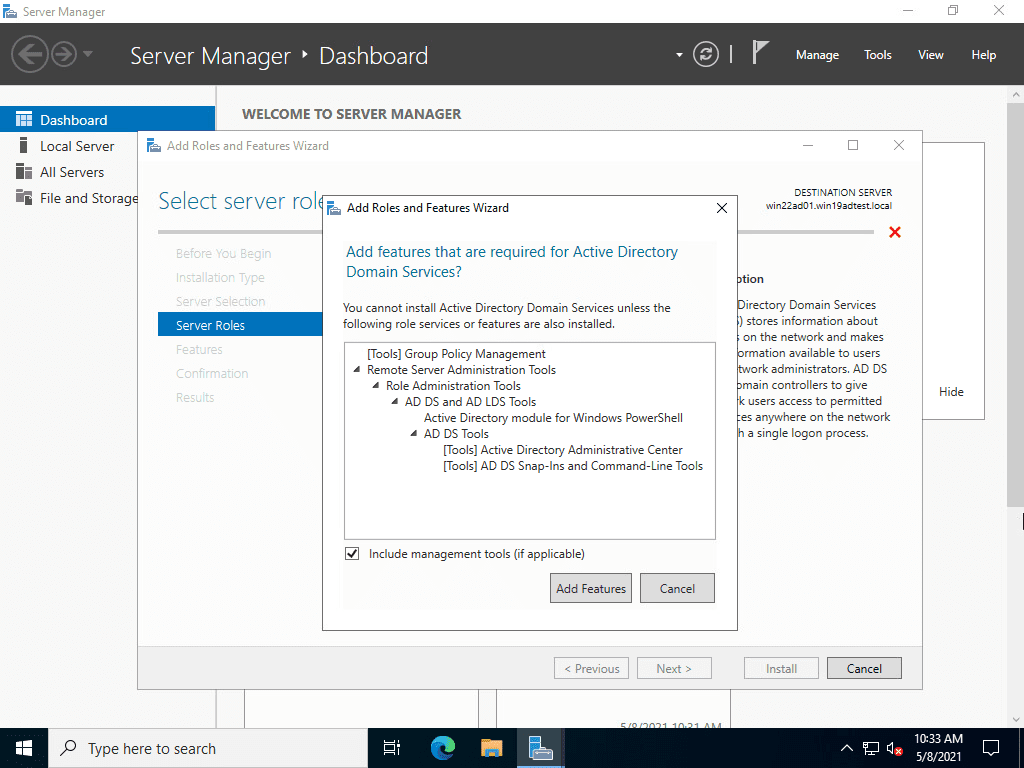 Adding the active directory domain services role in windows server 2022