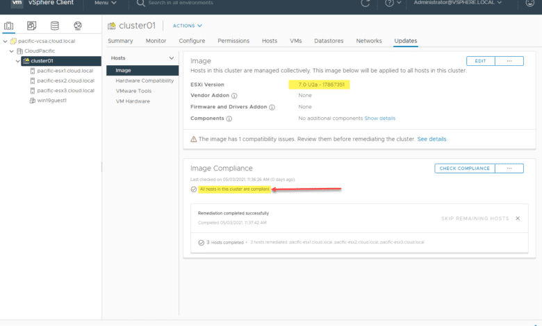 After remediating all hosts in the cluster using vlcm to esxi 7.0 update 2
