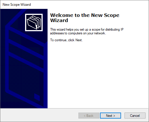 Beginning the new windows server dhcp scope wizard