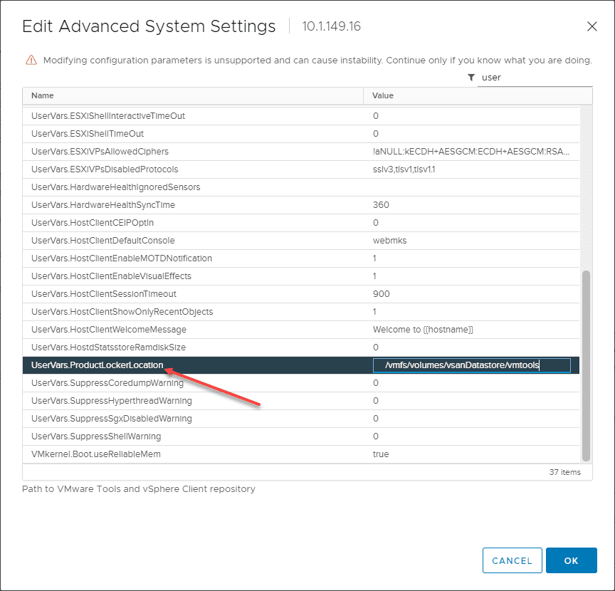 Changing the productlockerlocation using the vsphere client ui