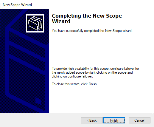 Completing the new dhcp scope wizard