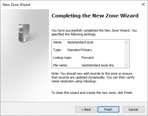 Completing the new zone wizard