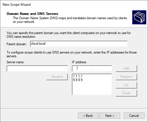 Configure the domain name and dns servers