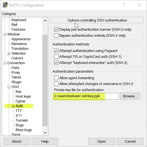 Configuring putty ssh connection with public key authentication