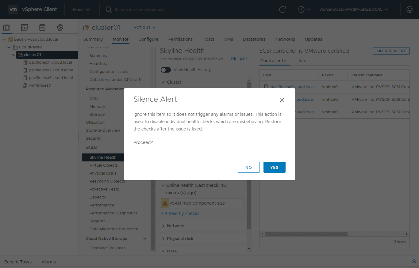 Confirm siliencing the skyline health vsan alert for a nested cluster