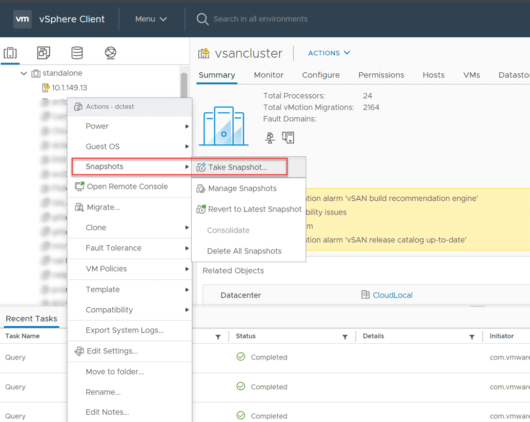 Creating a snapshot in the vsphere client