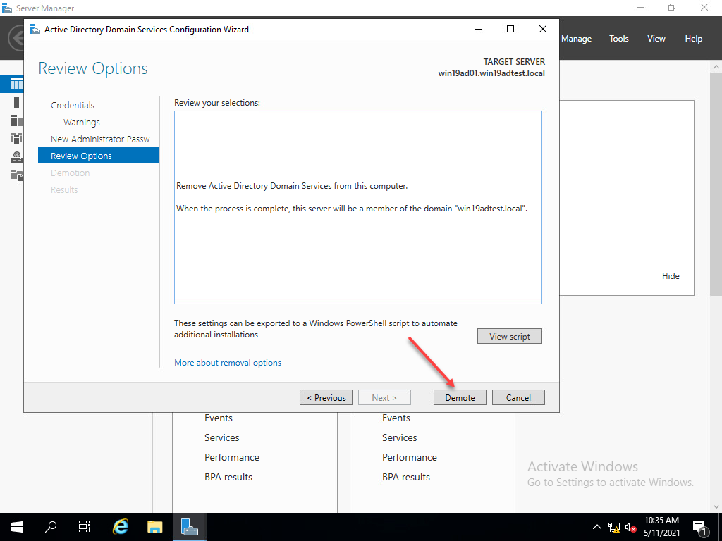 Demoting windows server 2019 domain controller