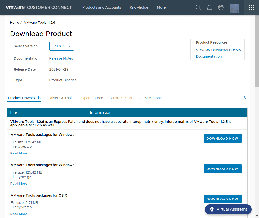 Downloading the latest version of vmware tools