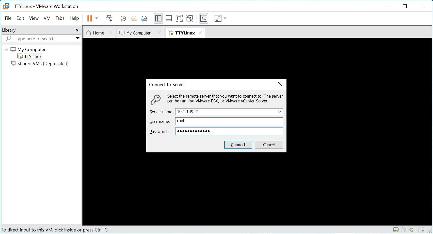 Enter the connection information for the esxi host