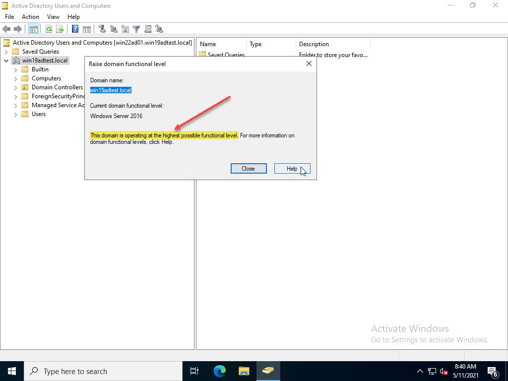 Highest domain functional level is windows server 2016