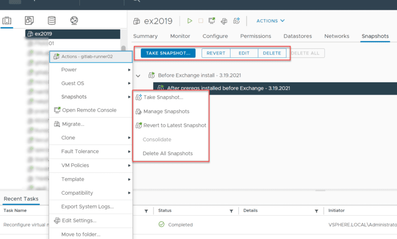 Managing vmware snapshots using the vsphere client