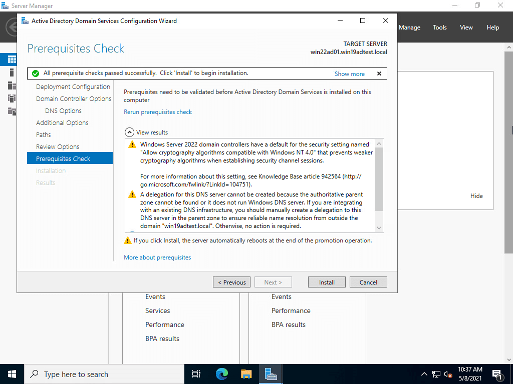 Prerequisites check when configuring active directory on a windows server 2022 server