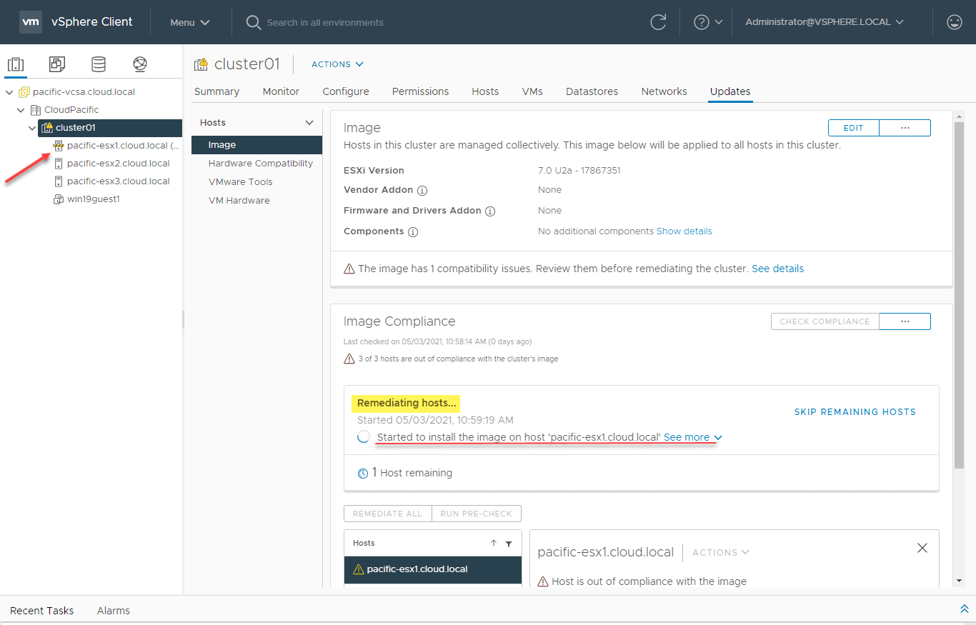 Retrying the esxi host remediation using vlcm after silencing the storage controller alert