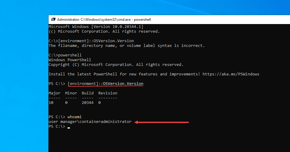 Running the windows server 2022 container image in interactive mode