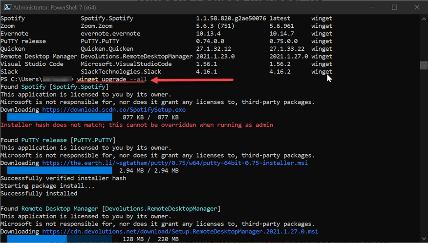 Running the winget upgrade all command