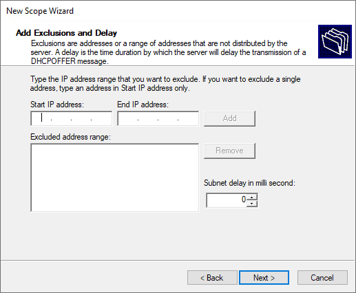 Set the exclusion range for the dhcp scope