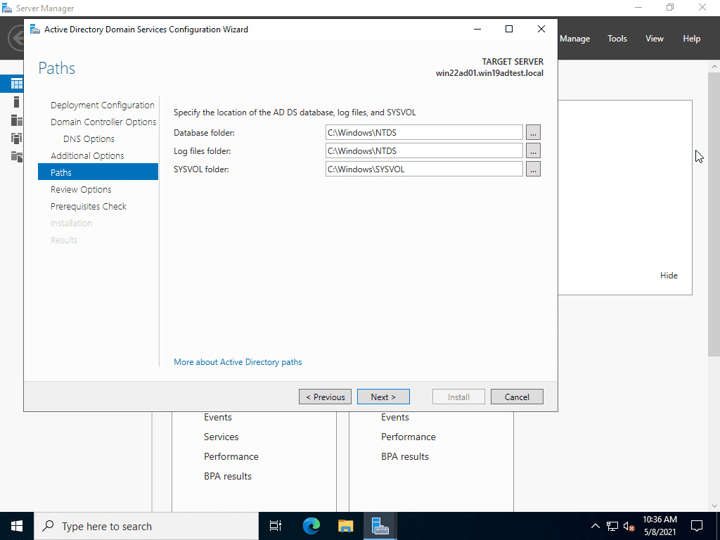 Specify adds database location for new windows server 2022 server