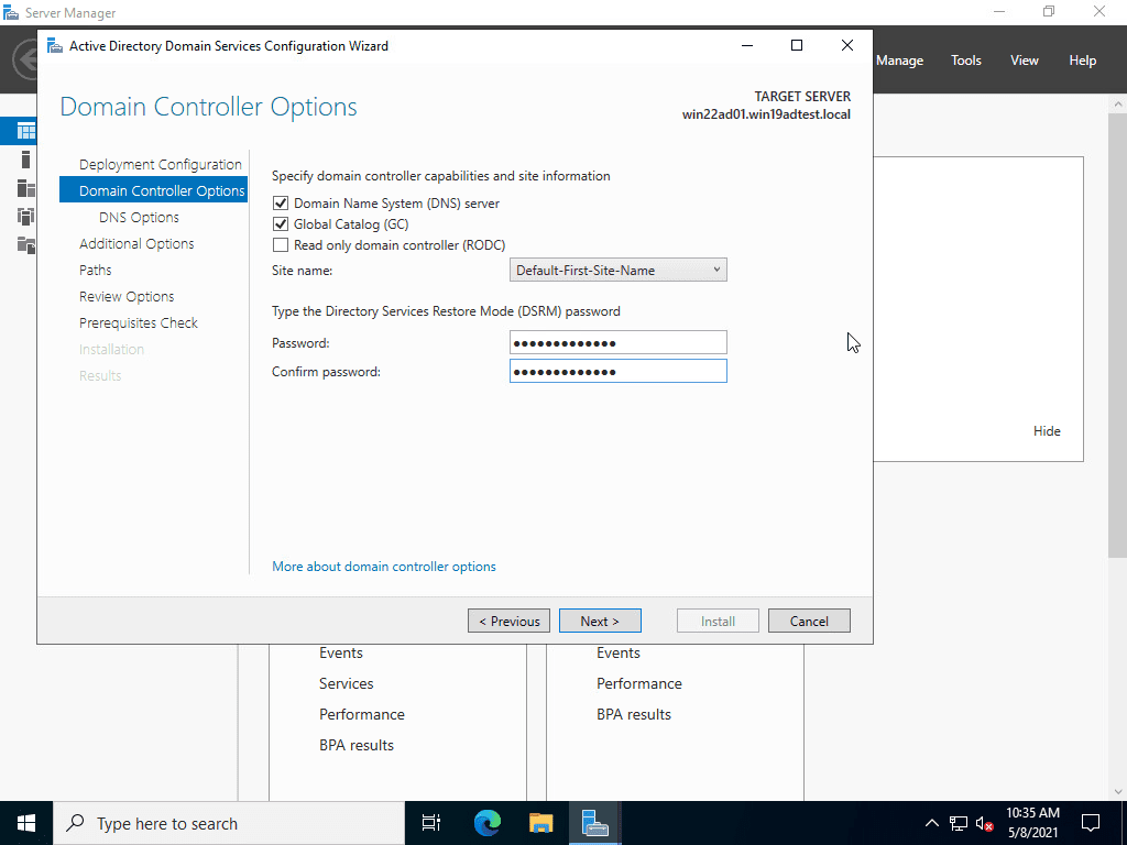 Specify domain controller configuration of windows server 2022 domain controller