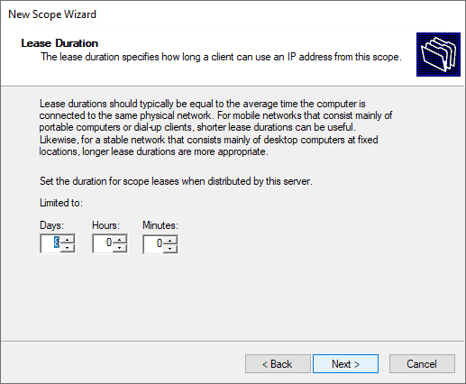 Specify the lease duration for the dhcp scope